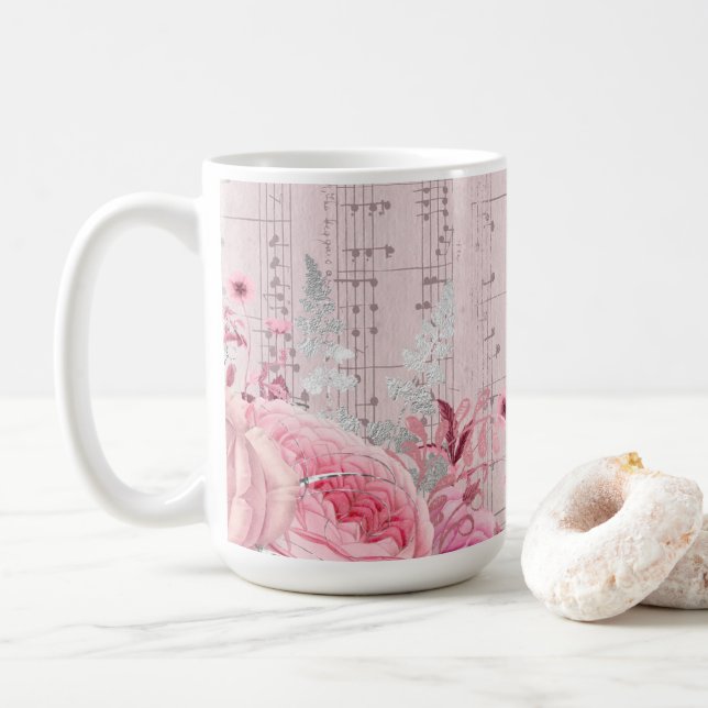 Rosa Blume Musikblatt Kaffee Tasse (Mit Donut)