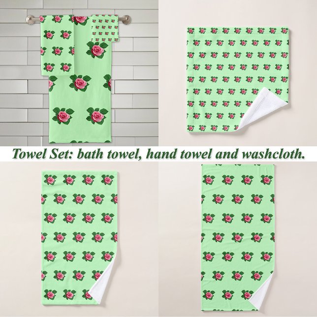 Rosa Blume Nahtloses Muster auf hellgrün Badhandtuch Set (Pink Rose flower seamless pattern on light green bath towel set: wash cloth, hand and bath towel)