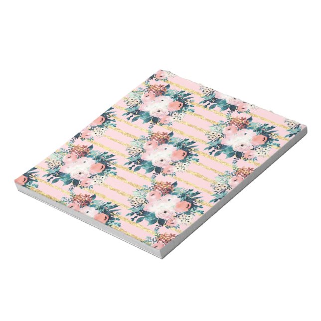 Rosa Blume Paint Gold Streifen Girl Design Notizblock (Rotiert)