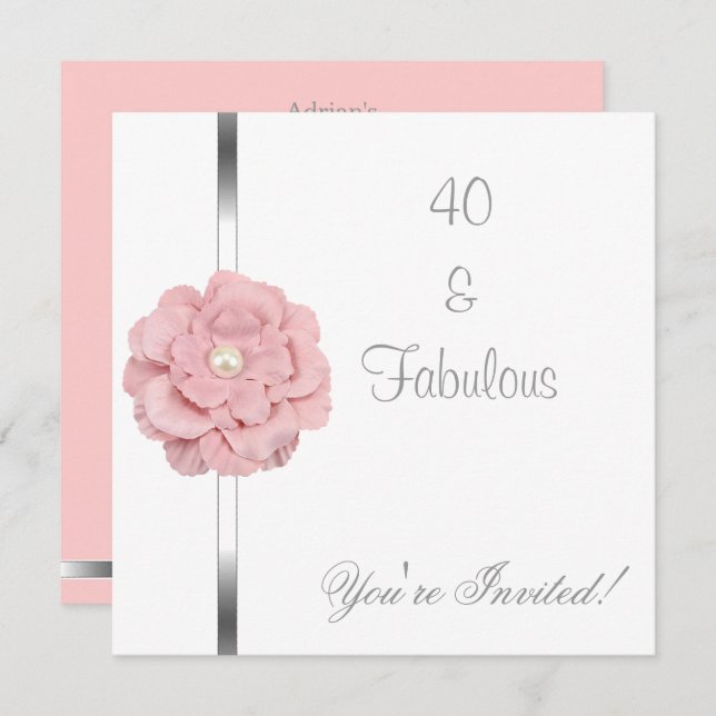 Rosa Blume Pearl Fabulous 40. Geburtstag Einladung (Vorne/Hinten)