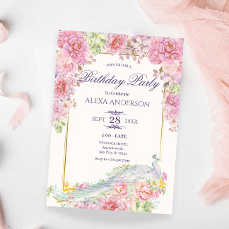 Rosa Blume Pfau Geburtstag Einladung
