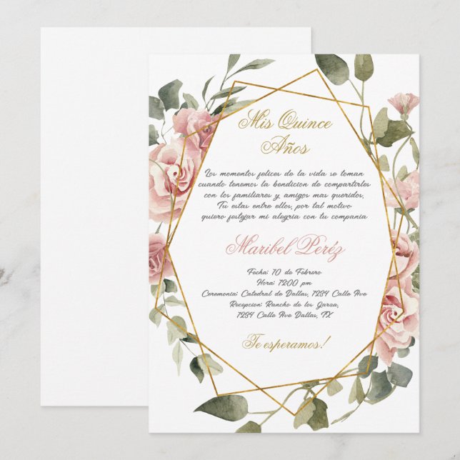 Rosa Blume Quinceanera Einladung (Vorne/Hinten)