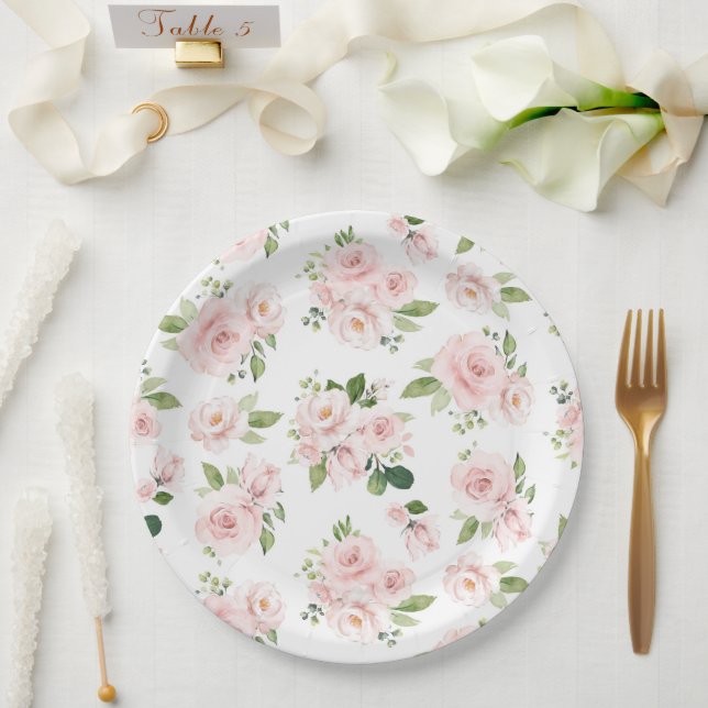 Rosa Blume, rosa Rosen, Aquarellfarben-Blume Pappteller (Hochzeit)