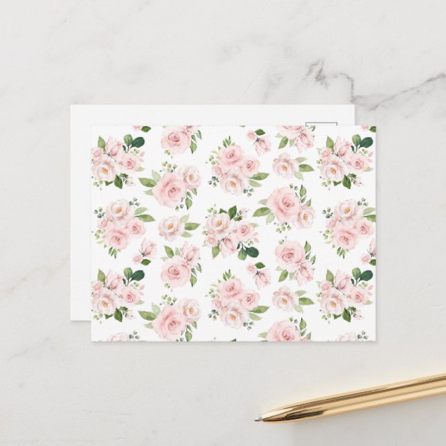 Rosa Blume, rosa Rosen, Aquarellfarben-Blume Postkarte (Vorderseite/Rückseite Beispiel)