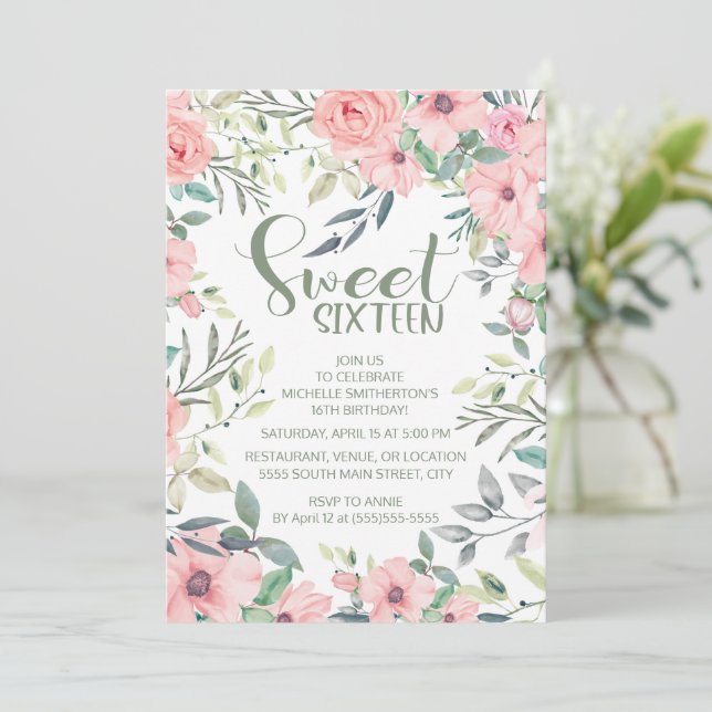 Rosa Blume rot Sage Green Blätter Sweet 16 (Stehend Vorderseite)