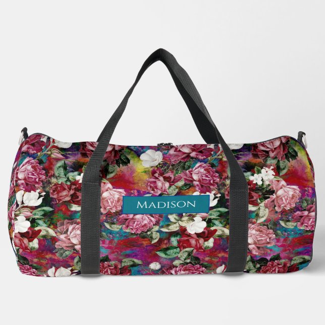 Rosa Blume, rotes Muster, bedruckt Duffle Bag (Vorderseite)