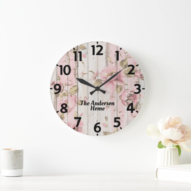 Rosa Blume Rustikal Große Wanduhr (Zuhause)