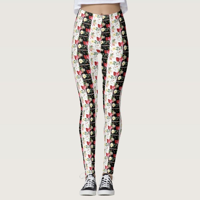 Rosa Blume schwarz-weiß Streifen Leggings (Vorderseite)