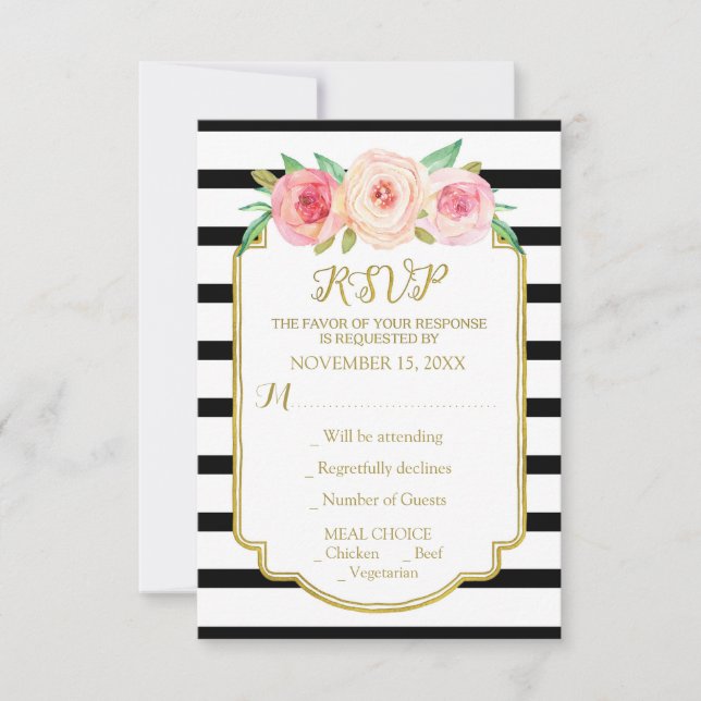 Rosa Blume Schwarz-weiße Streifen Hochzeitssache R RSVP Karte (Vorderseite)