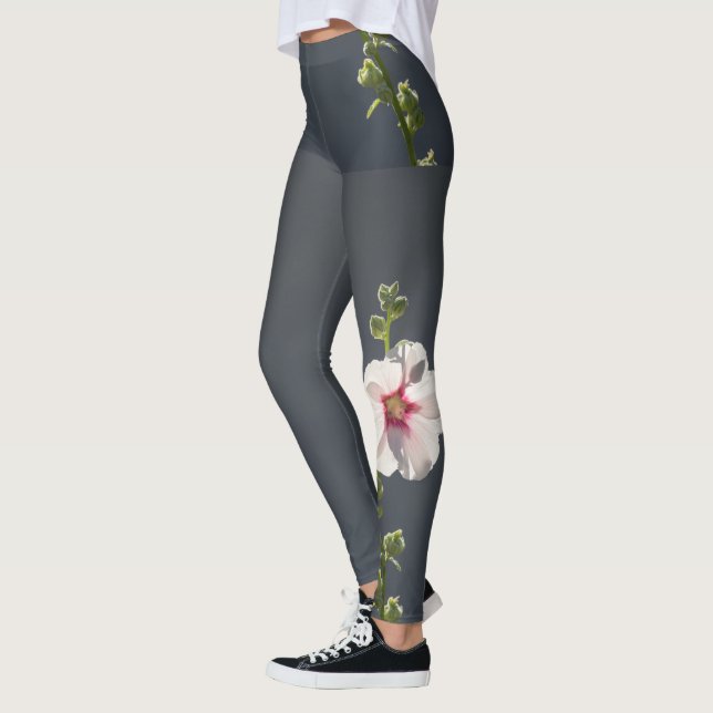 Rosa Blume Schwarze grüne Blätter auf dunkelgrau Leggings (Links)