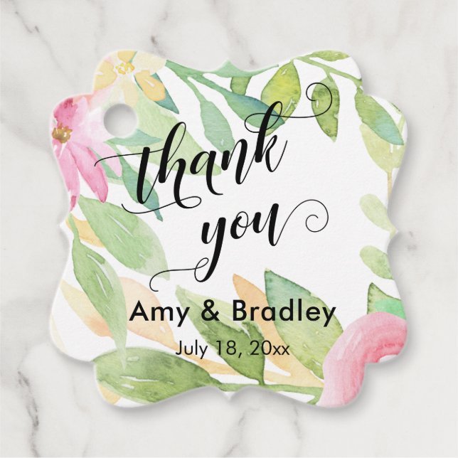 Rosa Blume Script Danke Personalisierte Hochzeit Geschenkanhänger (Vorderseite)