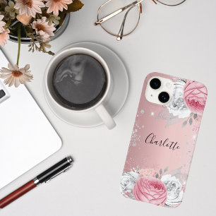 Rosa Blume Silberblättriger Glitzer Case-Mate iPhone 14 Hülle