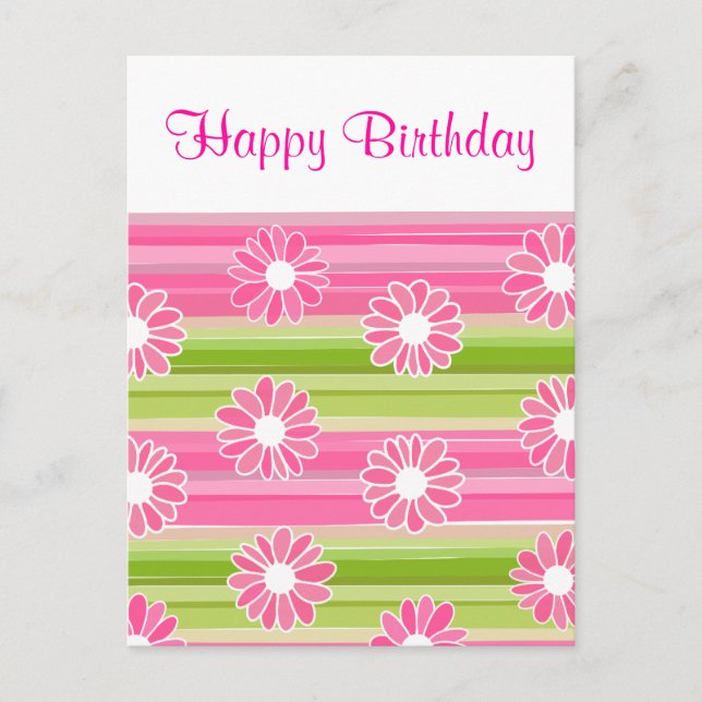 Rosa Blume Streifen Happy Birthday Postcard Postkarte (Vorderseite)