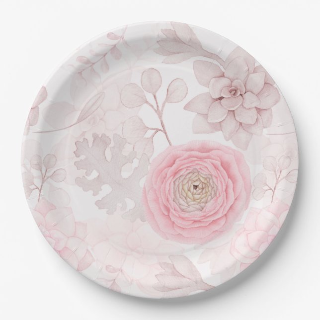 Rosa Blume Sukkulente Illustration Sommermuster Pappteller (Vorderseite)