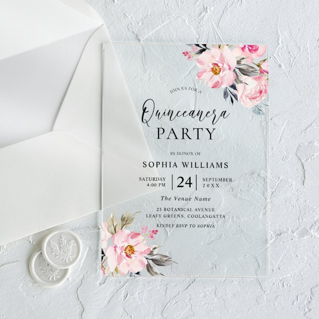 Rosa Blume Sweet Quinceanera Party Acryleinladungen (Von Creator hochgeladen)