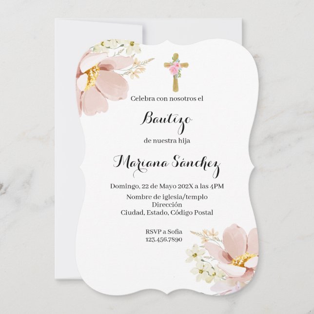 Rosa Blume Taufe Einladung für Mädchen (Vorderseite)