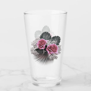 Rosa Blume Tropische Blätter Glas