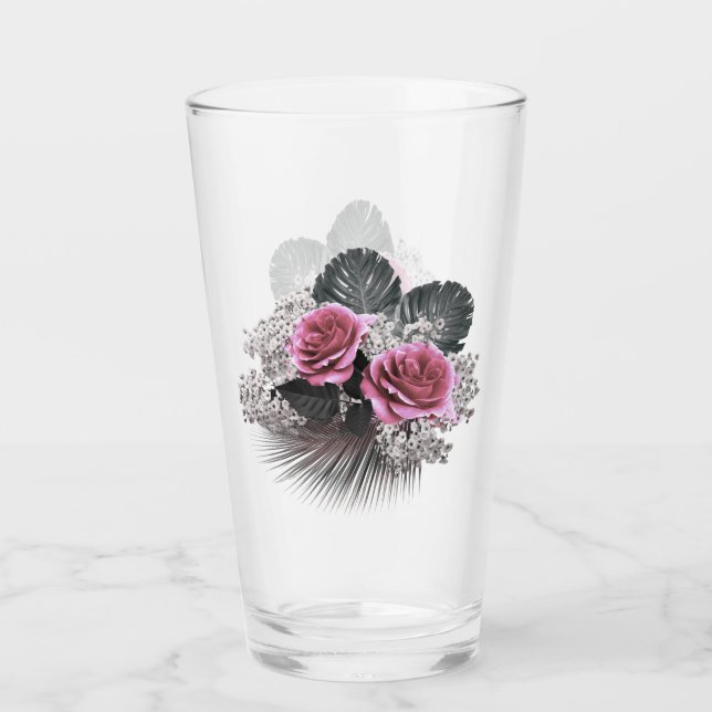 Rosa Blume Tropische Blätter Glas (Vorderseite)