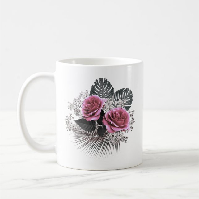 Rosa Blume Tropische Blätter Kaffeetasse (Links)