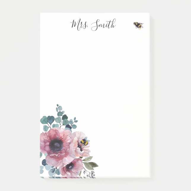 Rosa Blume und Bienen Post-it Klebezettel (Vorderseite)