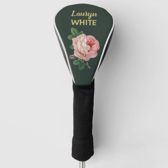 Rosa Blume und Blätter auf dunkelgrün Golf Headcover (Vorderseite)