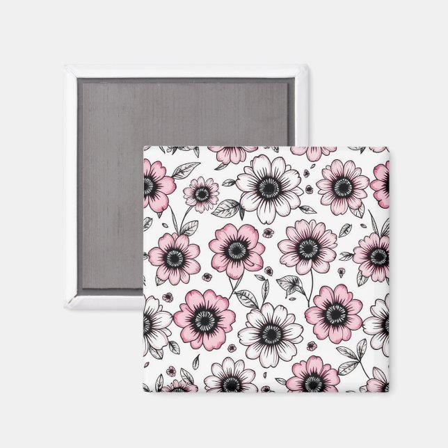 Rosa Blume und Blätter skizzieren Magnet (Vorderseite/Rückseite)