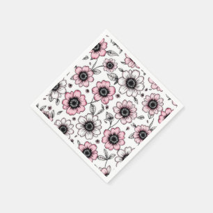 Rosa Blume und Blätter skizzieren Serviette