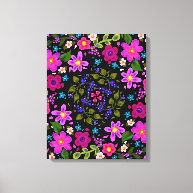 Rosa Blume und blaue Beeren, Boho gestrichen Leinwanddruck (Vorderseite)