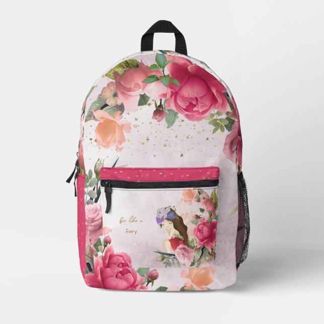Rosa Blume und Fairies Girl Bedruckter Rucksack (Vorderseite)