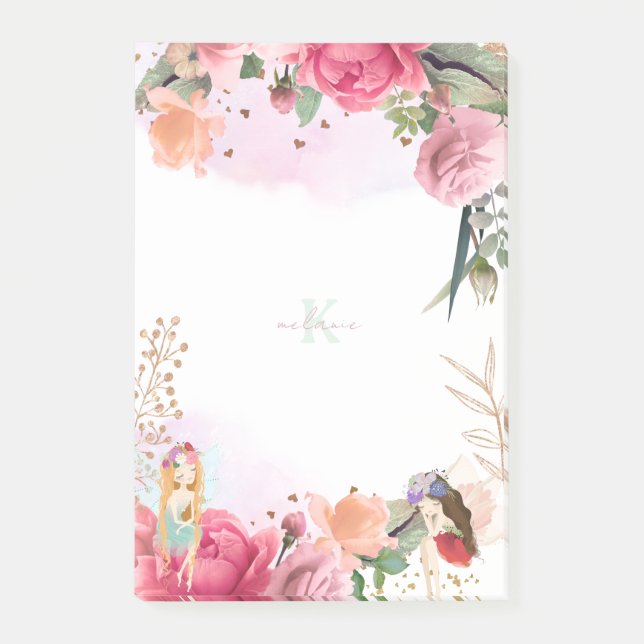 Rosa Blume und Fairies Girl Post-it Klebezettel (Vorderseite)