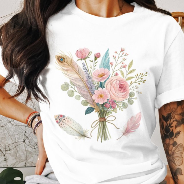 Rosa Blume und Feathers T - Shirt (Von Creator hochgeladen)