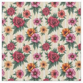 Rosa Blume und Gold auf Tan Strips Stoff