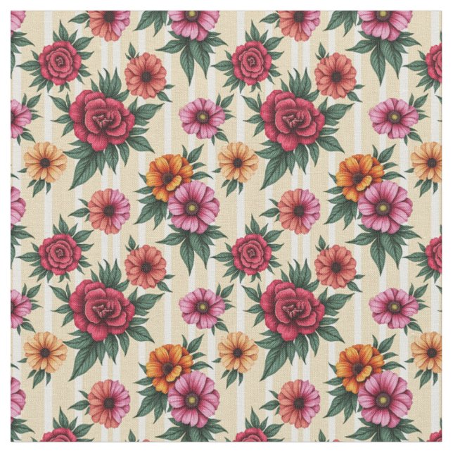 Rosa Blume und Gold auf Tan Strips Stoff (Nahaufnahme)