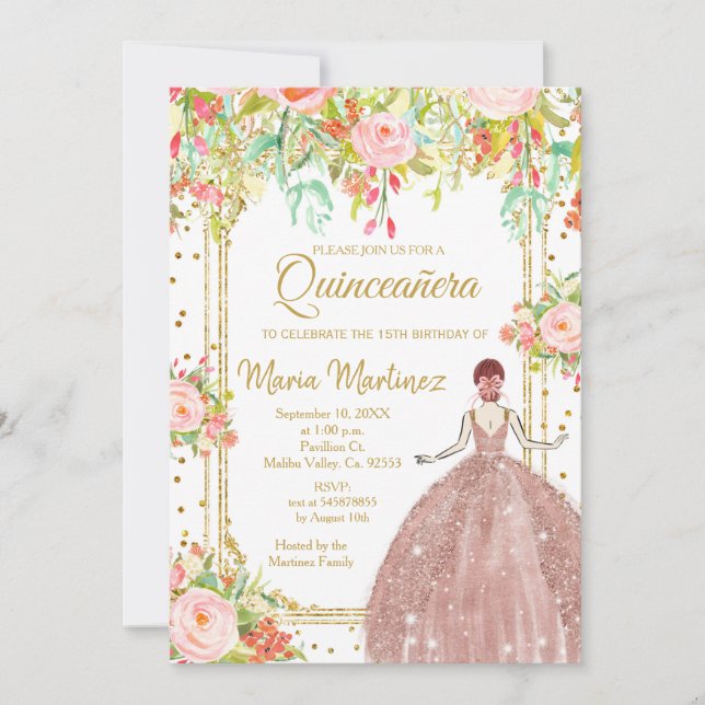  Rosa Blume und Gold Glitzer Quinceanera  Einladung (Vorderseite)
