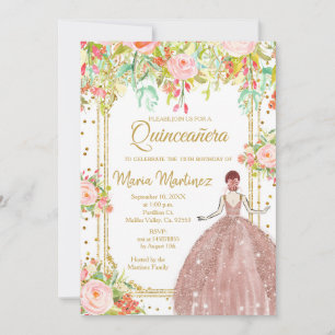 Rosa Blume und Gold Glitzer Quinceanera Einladung