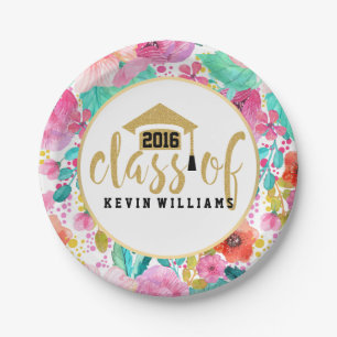 Rosa Blume und Gold Glitzer Text Class von 2016 Pappteller