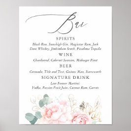 Rosa Blume und Gold Greenery Bar Menu Unterschrift Poster