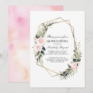 Rosa Blume und goldene Confetti Quinceanera Einladung