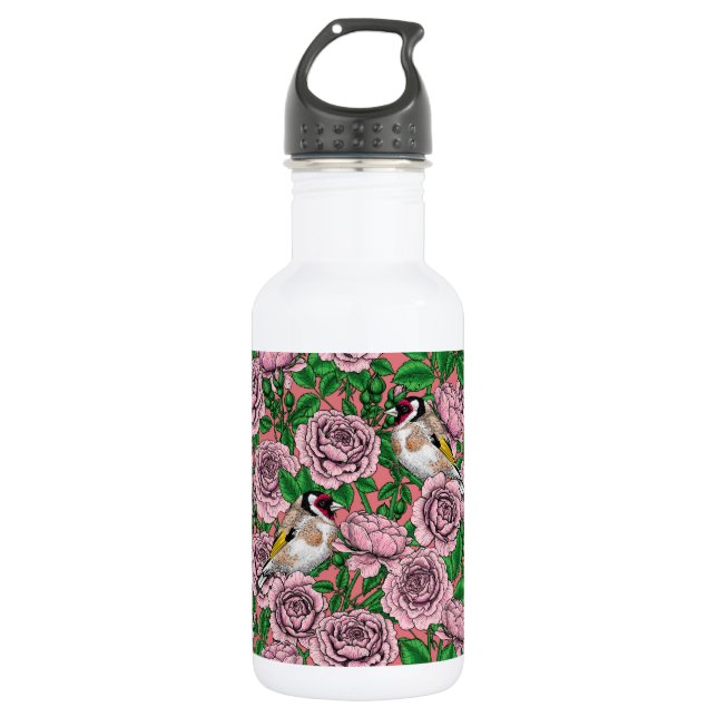 Rosa Blume und Goldflossen Edelstahlflasche (Vorderseite)