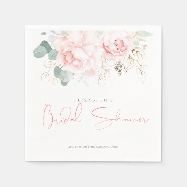 Rosa Blume und goldgrünes Brautparty Serviette (Vorderseite)