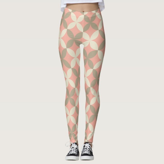 Rosa Blume und graue Blätter gemustert Leggings (Vorderseite)