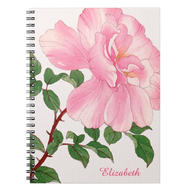 Rosa Blume und grüne Blätter Monogramm Notizblock (Vorderseite)
