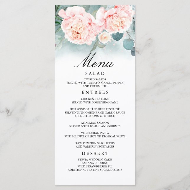 Rosa Blume und grüne Hochzeitsmenüs Programm (Vorderseite)