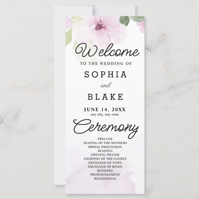 Rosa Blume und Grünes Weißes Hochzeitsprogramm (Vorderseite)