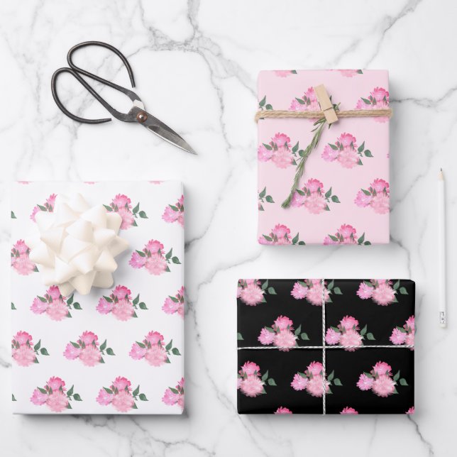 Rosa Blume und Grünmuster Geschenkpapier Set (Vorderseite)