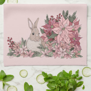 Rosa Blume und Kaninchen Winter Geschirrtuch