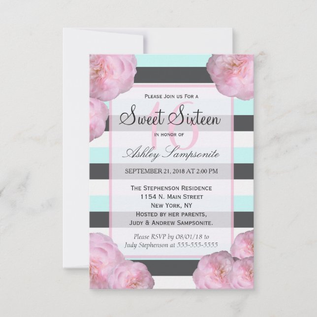 Rosa Blume und Minze, Holzkohle Grau und Weiße Str Einladung (Vorderseite)