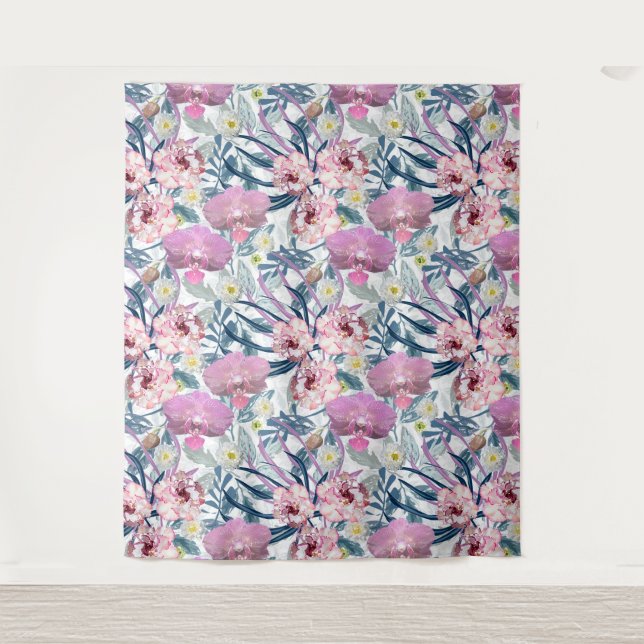 Rosa Blume und Orchideen. Wandteppich (Vorderseite)