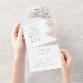 Rosa Blume und Pampas-Gras-Hochzeit All In One Einladung