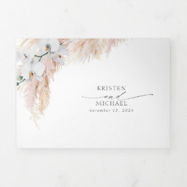 Rosa Blume und Pampas Grass Elegante Hochzeit Dreifach Gefaltete Einladung